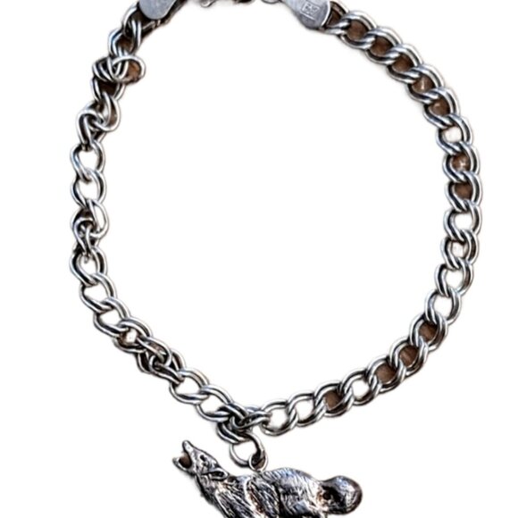 925 Sterling 7” Double Link Curb Chain w/Twilight Themed Wolf Charm Italy - Picture 2 of 6